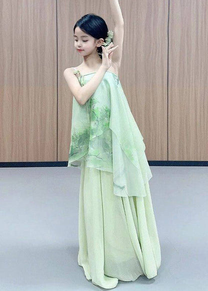 Chinese Style Green Print Wrinkled Tulle Kids Four Piece Set Outfits Spring