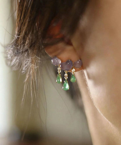 Chinese Style Green Sterling Silver Overgild Jade Tassel Drop Earrings
