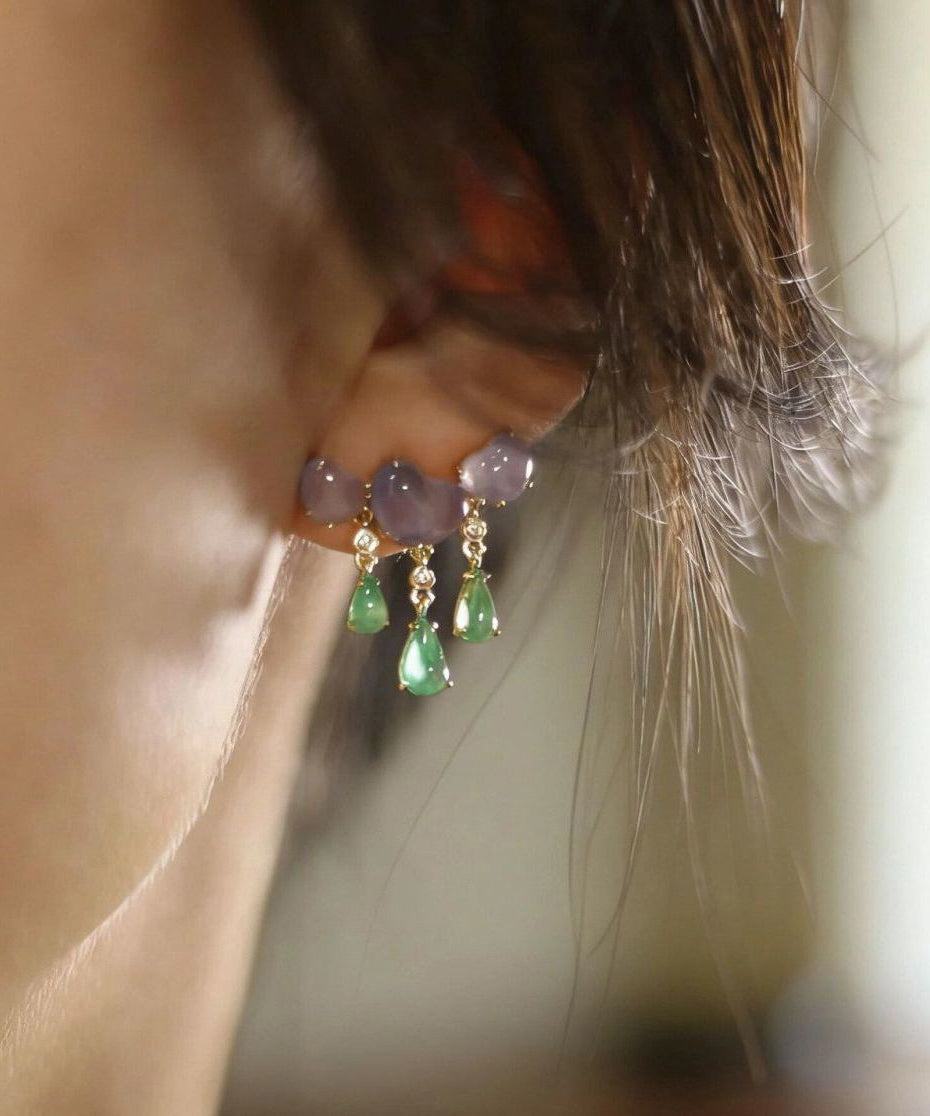 Chinese Style Green Sterling Silver Overgild Jade Tassel Drop Earrings