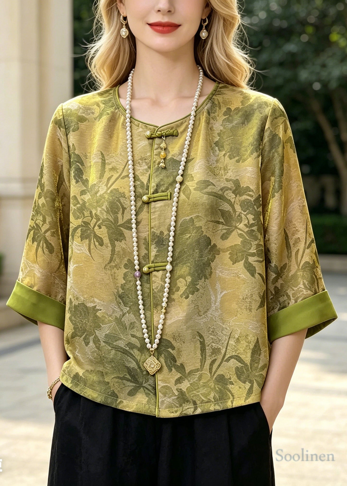 Chinese Style Green Tasseled Print Silk Shirt Top Summer
