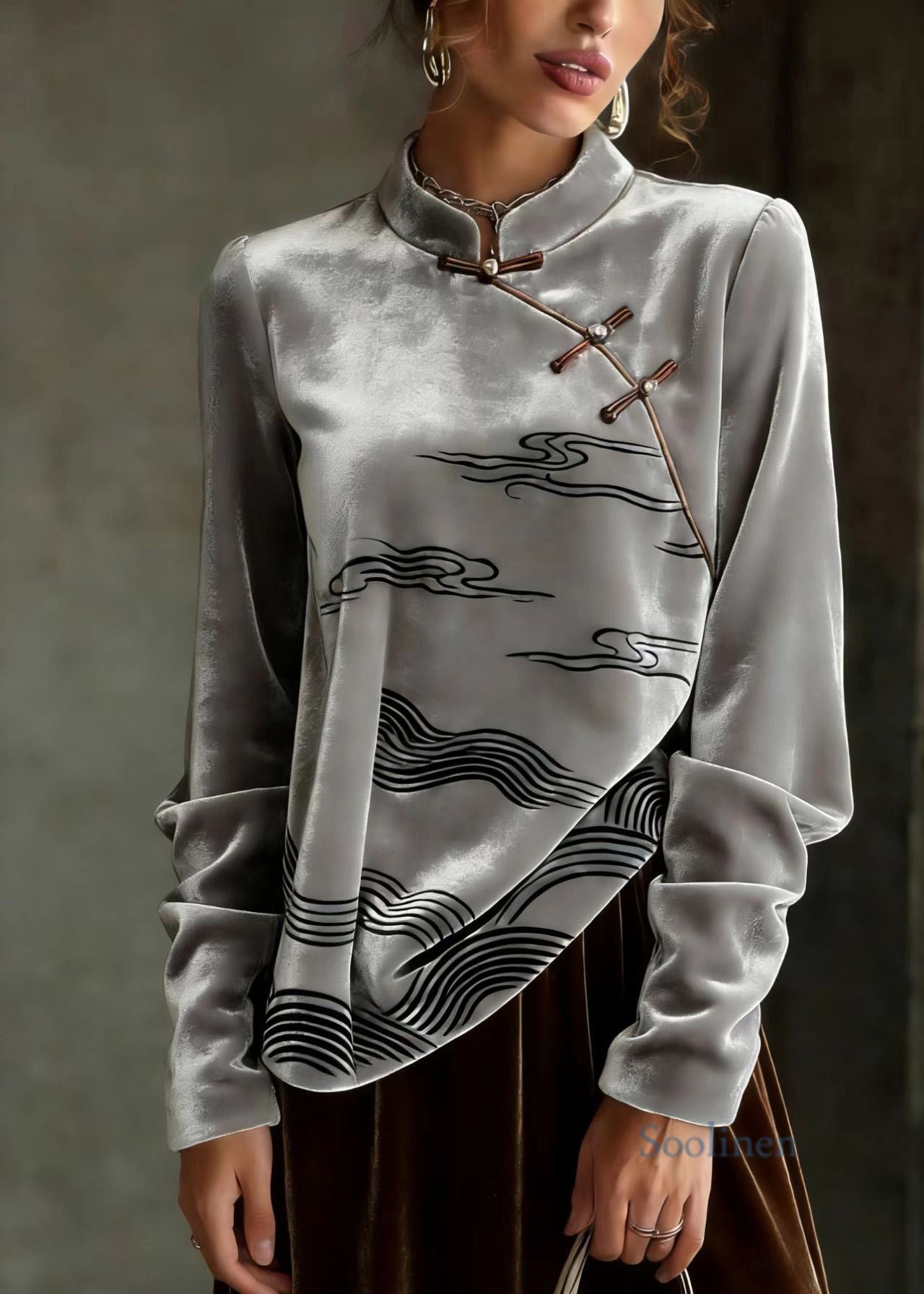 Chinese Style Grey Oriental Button Velour Shirts Spring