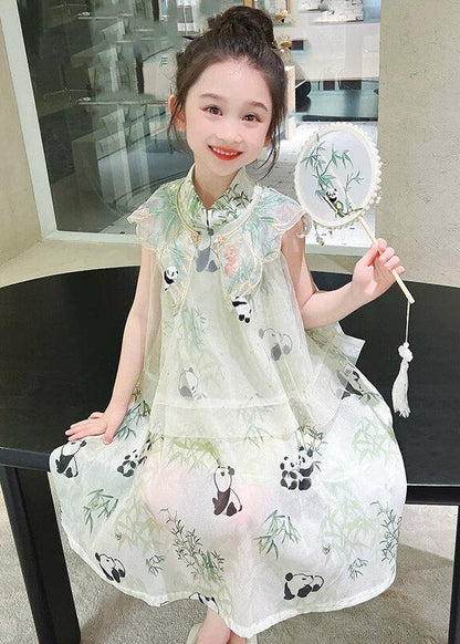 Chinese Style Light Green Animal Print Cape Tulle Girls Maxi Dress Short Sleeve