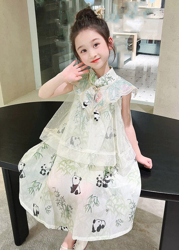 Chinese Style Light Green Animal Print Cape Tulle Girls Maxi Dress Short Sleeve