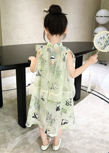 Chinese Style Light Green Animal Print Cape Tulle Girls Maxi Dress Short Sleeve