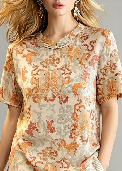 Chinese Style O-Neck Print Side Open Tops Summer