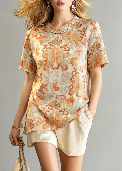 Chinese Style O-Neck Print Side Open Tops Summer