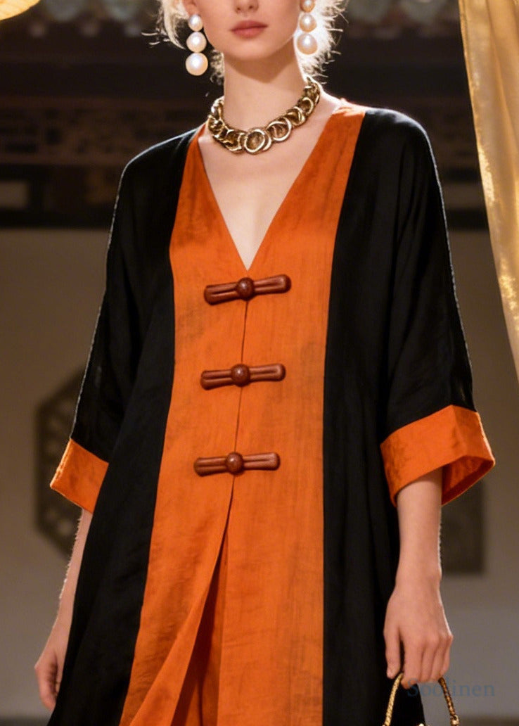 Chinese Style Orange Patchwork Chinese Button Cotton Dress Summer
