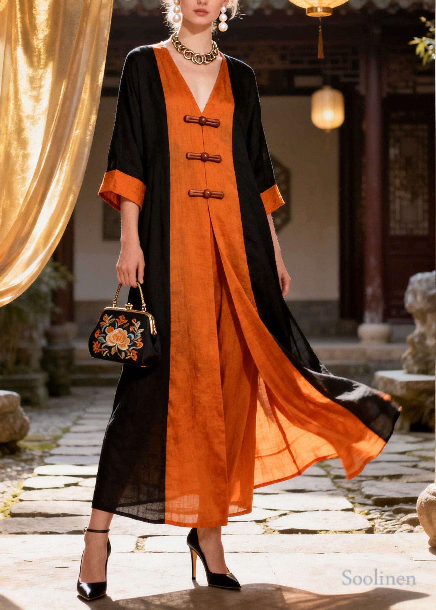 Chinese Style Orange Patchwork Chinese Button Cotton Dress Summer