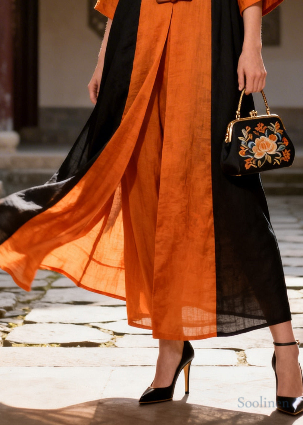 Chinese Style Orange Patchwork Chinese Button Cotton Dress Summer