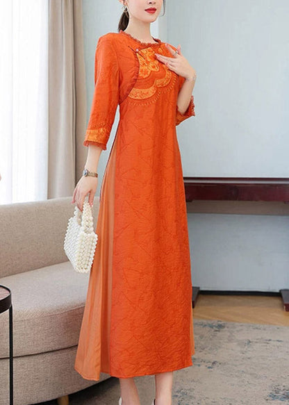 Chinese Style Orange Print Silk Long Dress Three Quarter Sleeve