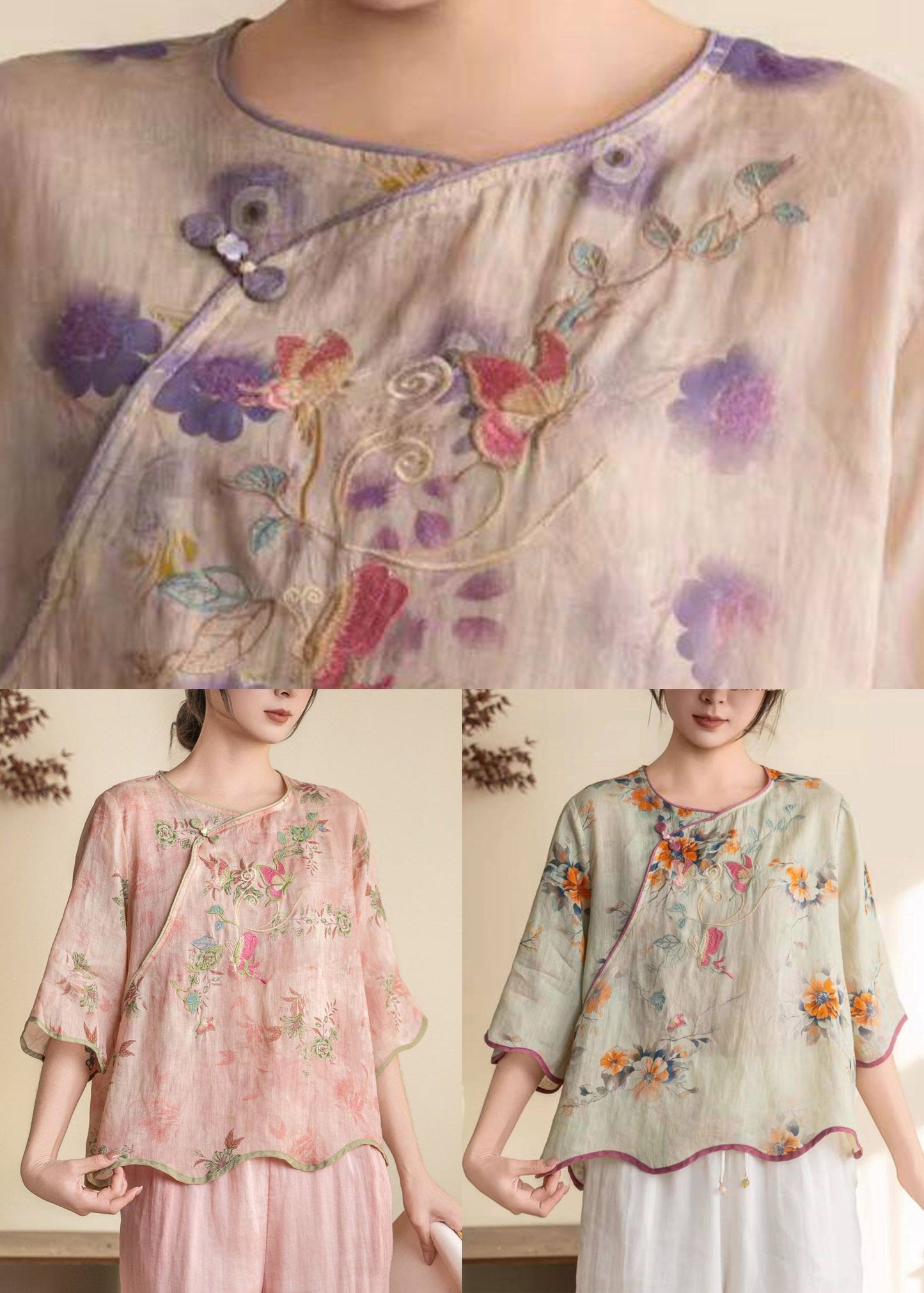 Chinese Style Pink Embroidered Linen Blouses Summer