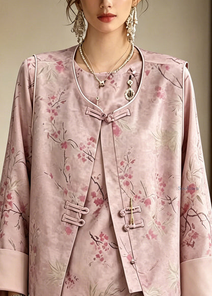 Chinese Style Pink Print Waistcoat And Shirt Two Pieces Set Long Sleeve