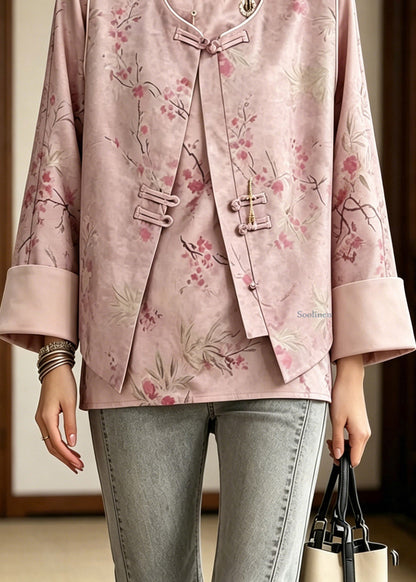 Chinese Style Pink Print Waistcoat And Shirt Two Pieces Set Long Sleeve