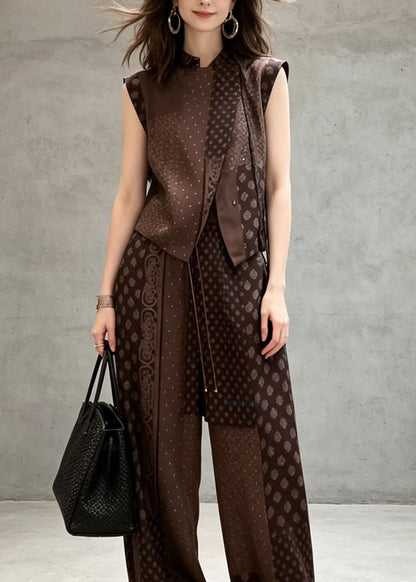 Chinese Style Print Pockets Silk Two Pieces Set Sleeveless