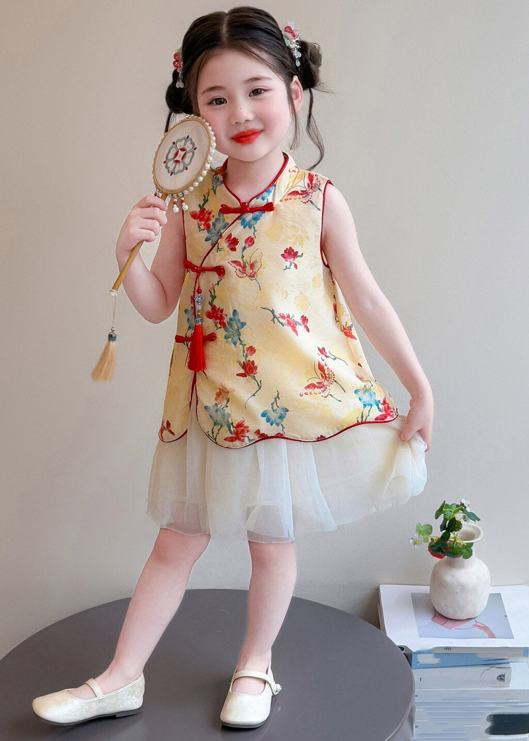 Chinese Style Red Stand Collar Print Tulle Patchwork Kids Long Dress Summer
