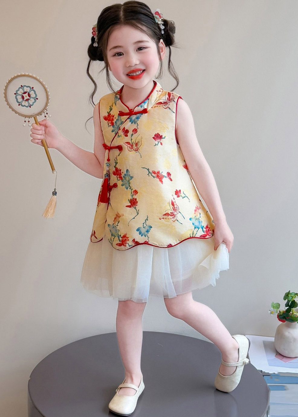 Chinese Style Red Stand Collar Print Tulle Patchwork Kids Long Dress Summer