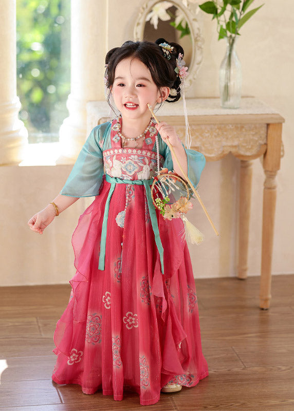 Chinese Style Red Tie Waist Patchwork Girls Long Dresses Summer