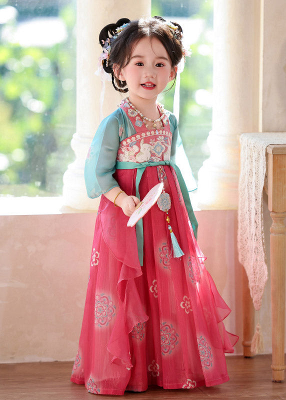 Chinese Style Red Tie Waist Patchwork Girls Long Dresses Summer