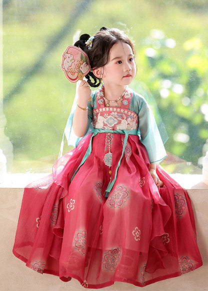 Chinese Style Red Tie Waist Patchwork Girls Long Dresses Summer