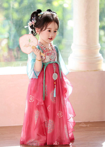 Chinese Style Red Tie Waist Patchwork Girls Long Dresses Summer