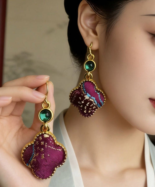 Chinese Style Royal Blue Sterling Silver Overgild Four-Leaf Clover Drop Earrings