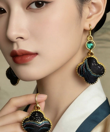 Chinese Style Royal Blue Sterling Silver Overgild Four-Leaf Clover Drop Earrings