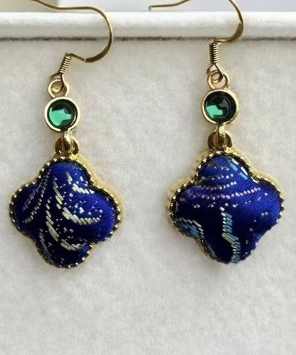 Chinese Style Royal Blue Sterling Silver Overgild Four-Leaf Clover Drop Earrings