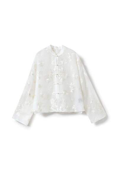 Chinese Style Stand Collar Embroidered Oriental Button Silk Shirts Fall