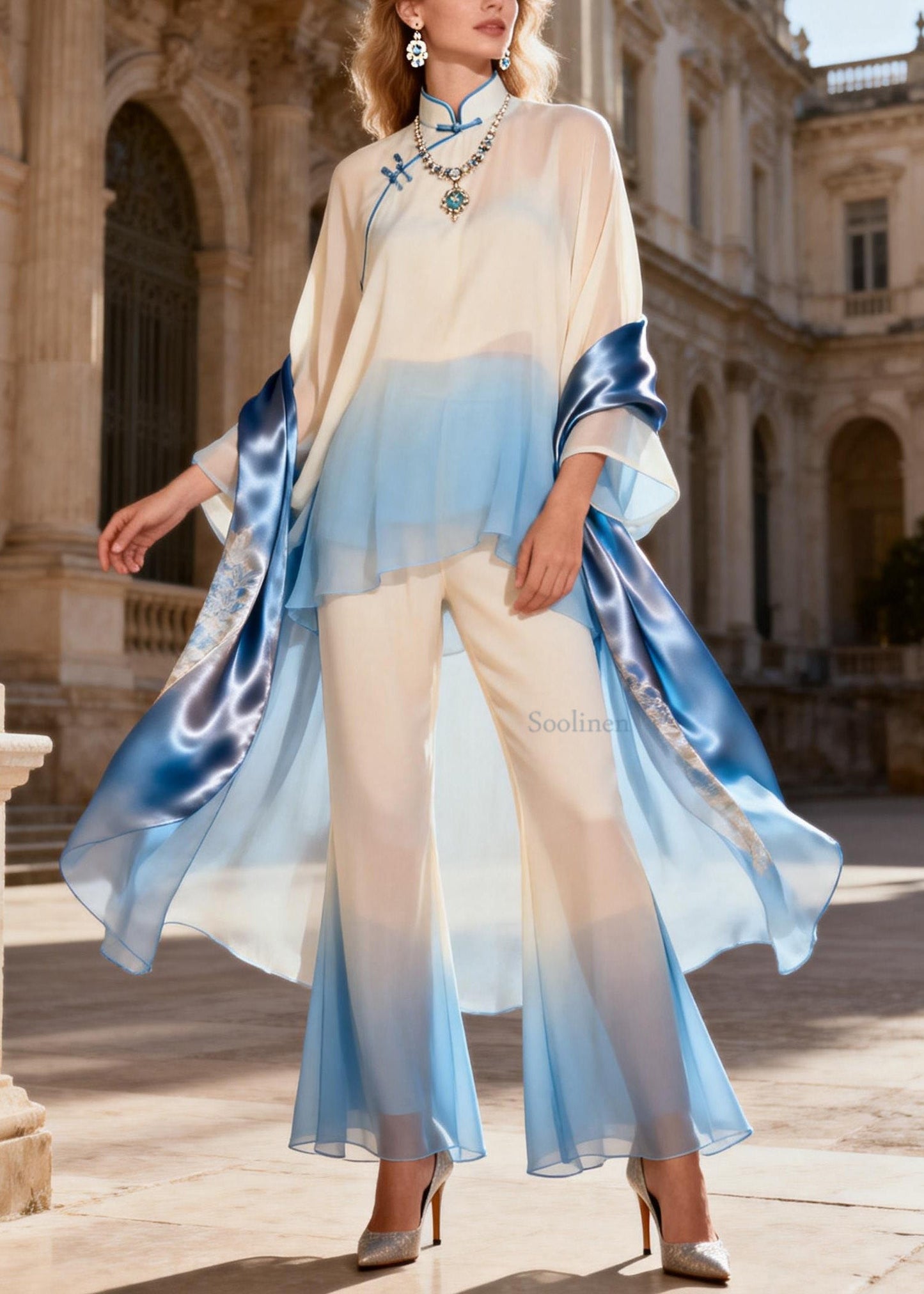 Chinese Style Stand Collar Oriental Button Silk Two Pieces Set Spring