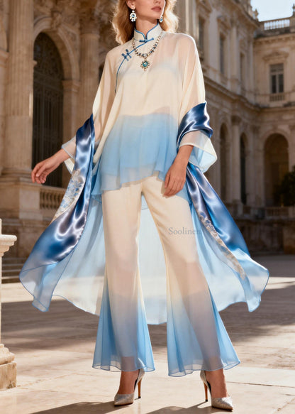 Chinese Style Stand Collar Oriental Button Silk Two Pieces Set Spring