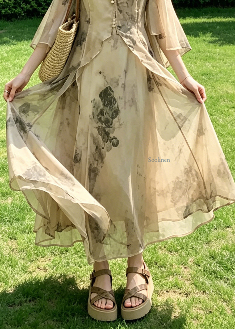 Chinese Style Stand Collar Print Cardigans And Maxi Spaghetti Strap Two Pieces Set Summer