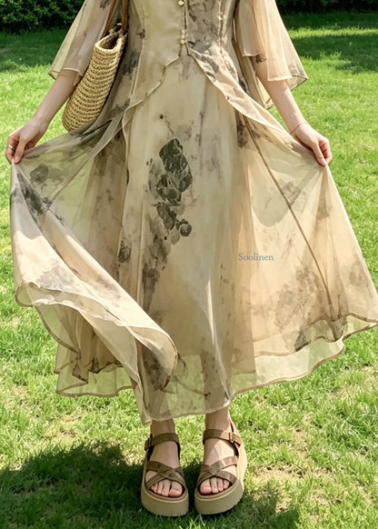 Chinese Style Stand Collar Print Cardigans And Maxi Spaghetti Strap Two Pieces Set Summer