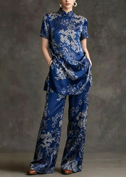Chinese Style Stand Collar Print Silk Two Pieces Set Summer