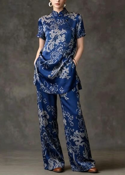 Chinese Style Stand Collar Print Silk Two Pieces Set Summer