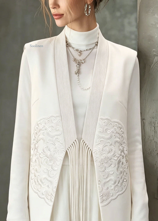 Chinese Style White Embroidered Tassel Cotton Vest Fall