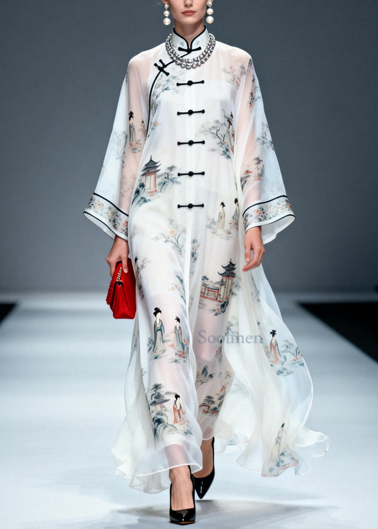Chinese Style White Print Draping Chiffon Long Dress Summer