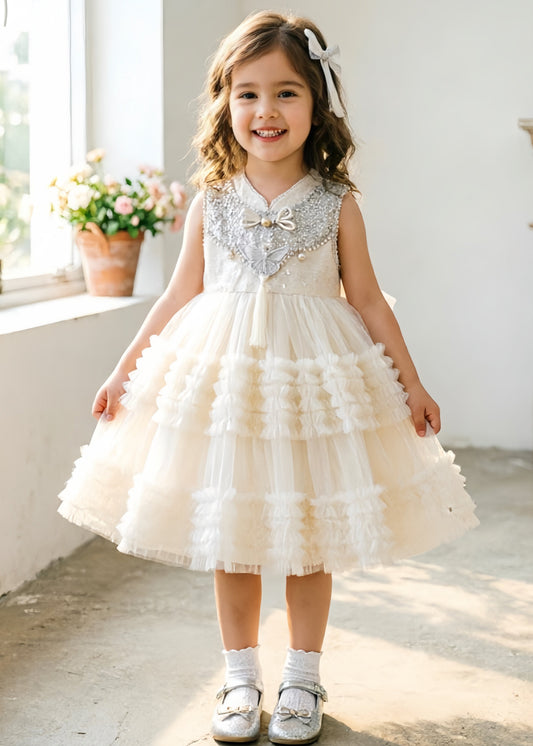 Chinese Style White Sequins Tulle Kids Girls Dress Summer