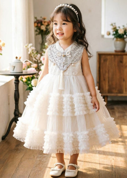 Chinese Style White Sequins Tulle Kids Girls Dress Summer