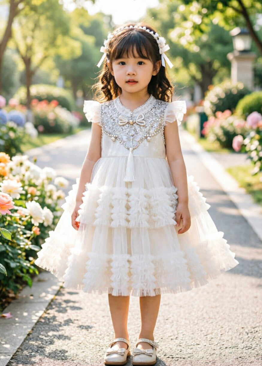 Chinese Style White Sequins Tulle Kids Girls Dress Summer