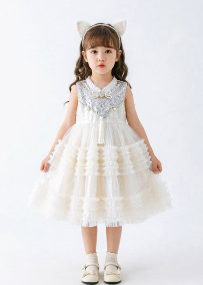 Chinese Style White Sequins Tulle Kids Girls Dress Summer