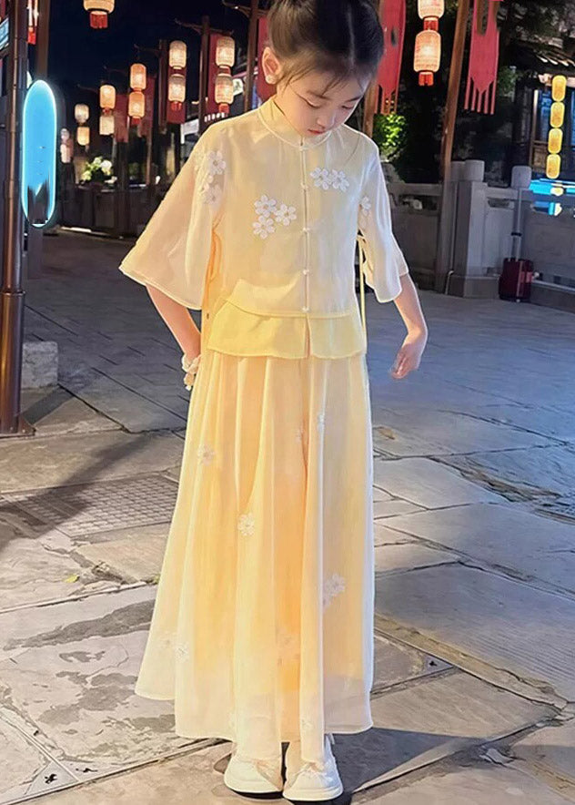 Chinese Style Yellow Print Girls Shirts And Maxi Skirts Two Pieces Set Summer