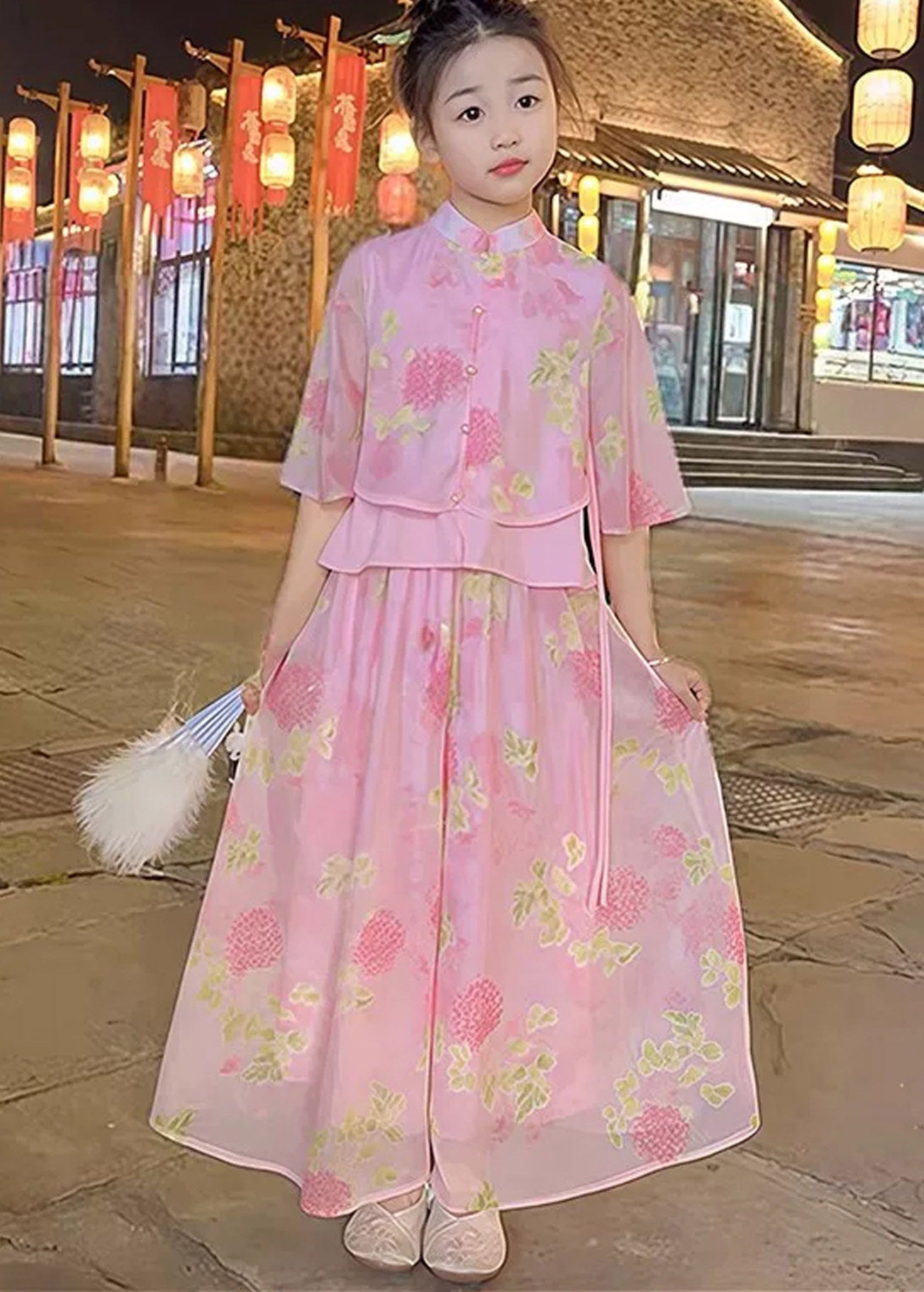 Chinese Style Yellow Print Girls Shirts And Maxi Skirts Two Pieces Set Summer