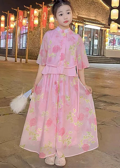 Chinese Style Yellow Print Girls Shirts And Maxi Skirts Two Pieces Set Summer