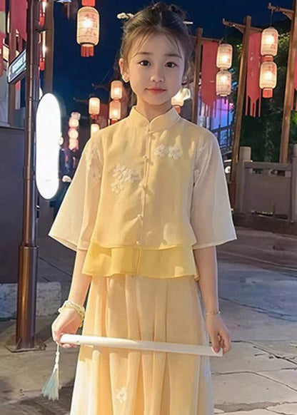 Chinese Style Yellow Print Girls Shirts And Maxi Skirts Two Pieces Set Summer