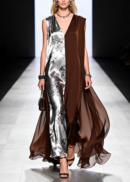Chocolate Patchwork Chiffon Long Dress Asymmetrical Design Summer