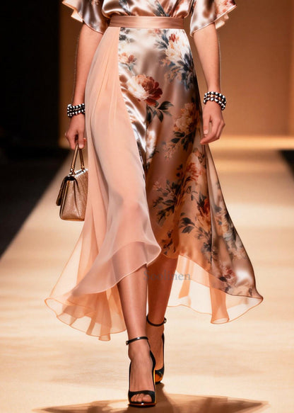 Classy Apricot Asymmetrical Patchwork Print Chiffon Long Dress Summer