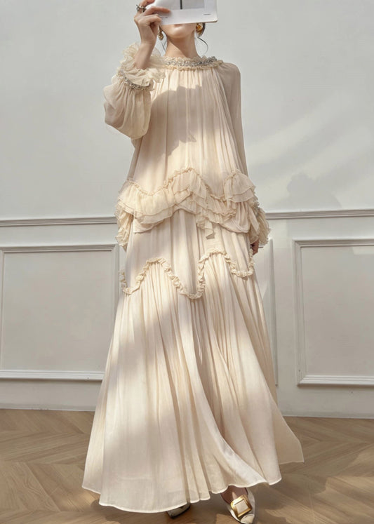Classy Apricot Turtleneck Wrinkled Silk Shirt And Maxi Skirts Spring
