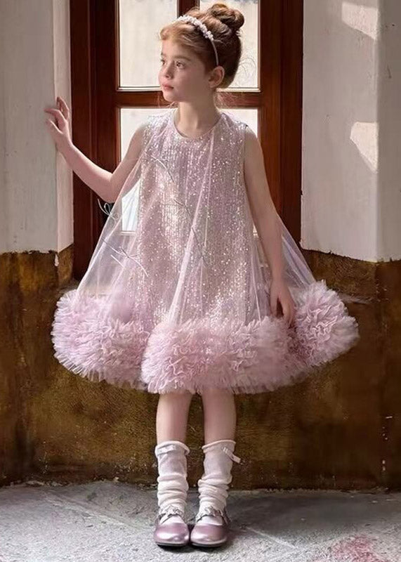 Classy Beige O-Neck Patchwork Tulle Kids Maxi Dress Sleeveless