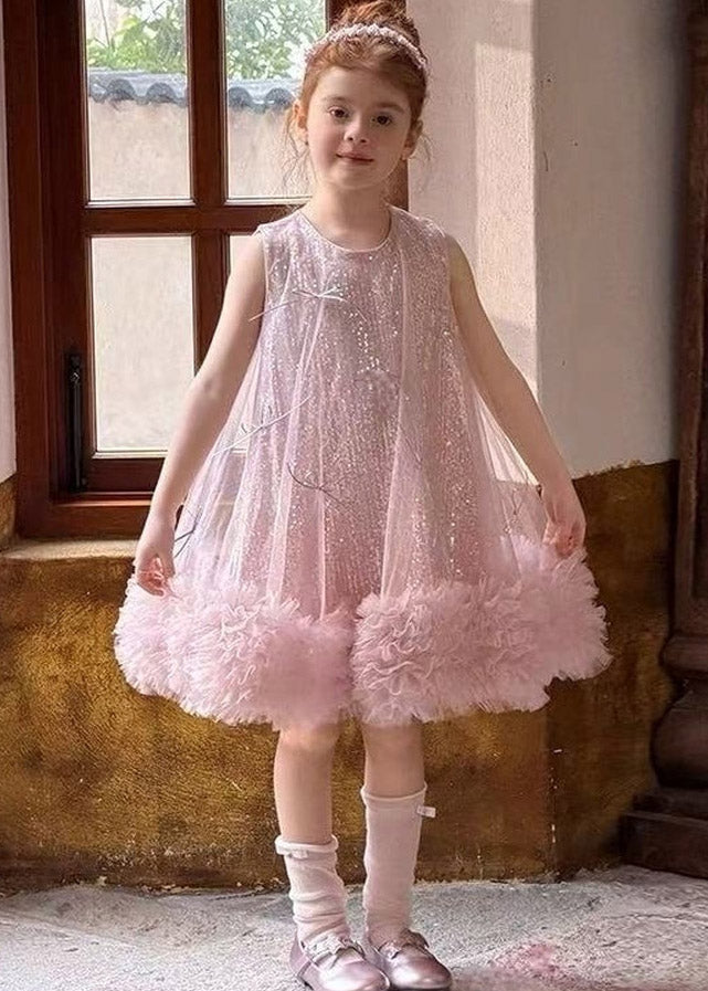 Classy Beige O-Neck Patchwork Tulle Kids Maxi Dress Sleeveless