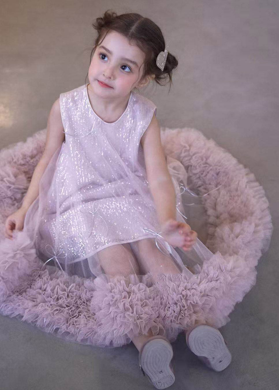 Classy Beige O-Neck Patchwork Tulle Kids Maxi Dress Sleeveless